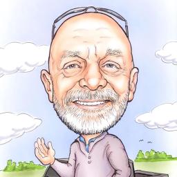 Caricature of Tony Baker waving with his black jeep behind him.