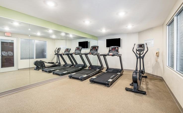 Cardio machines in the WoodSpring Suites hotel in Bellflower, CA.