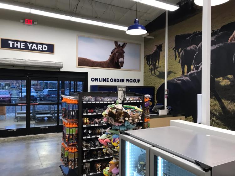 Retail shelves and checkout aisle at Petco pet store in Mount Sterling, KY.