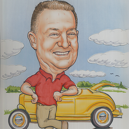 Caricature of David Dierson standing proudly in front of a classic car.