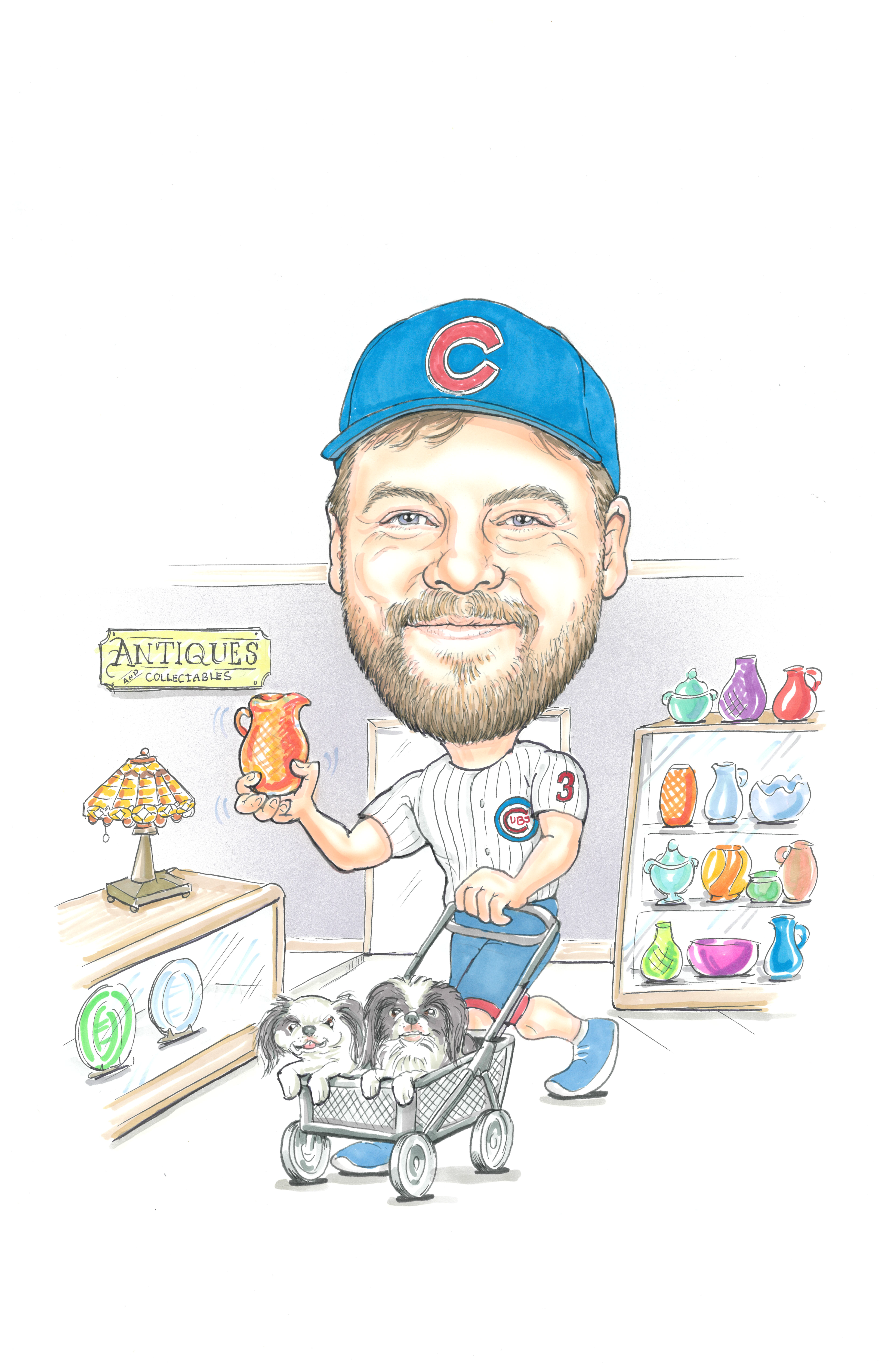 Scott Messer shopping in an antique store while pushing a cart with two small dogs.