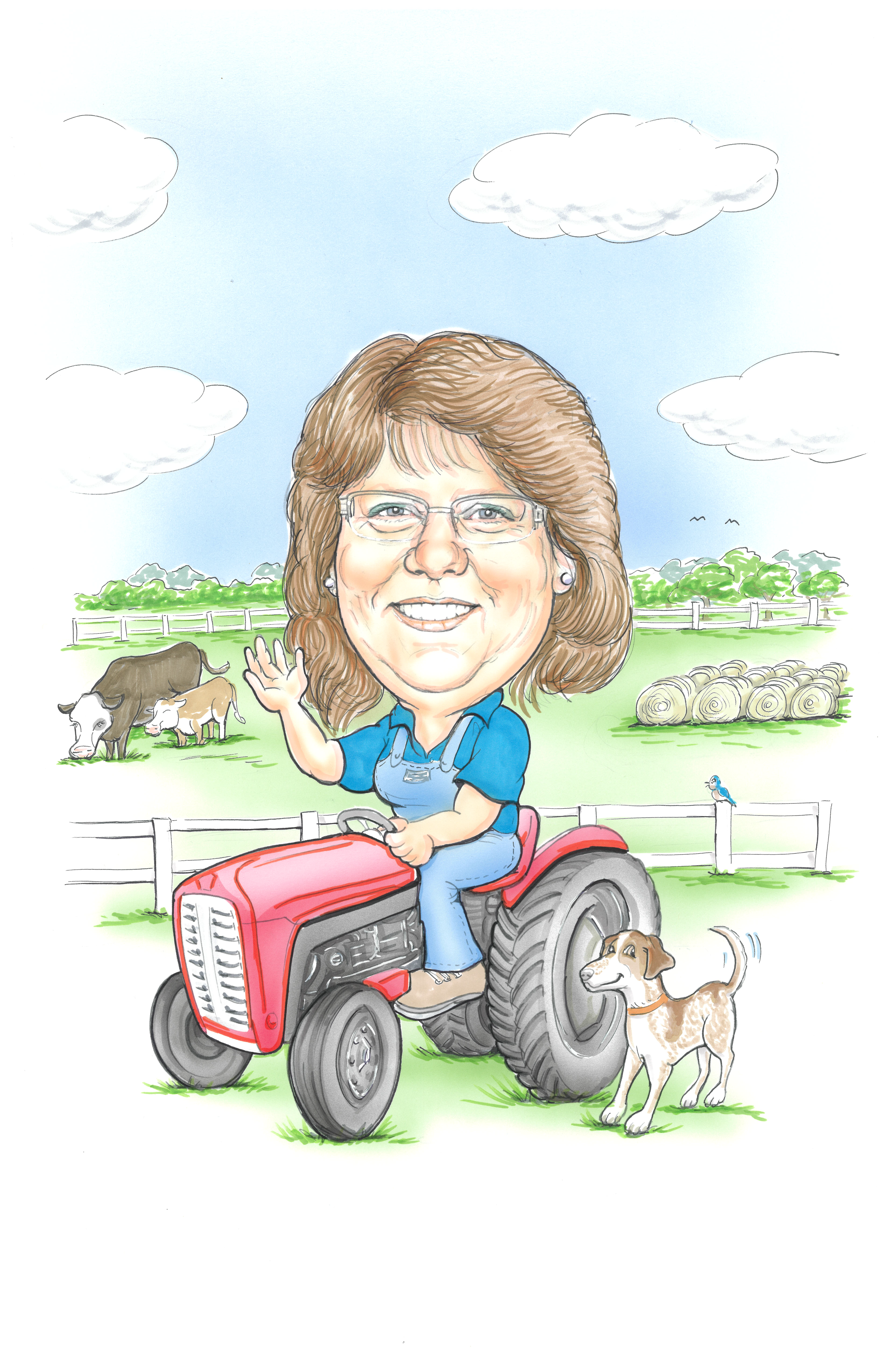 Caricature of Laura Marlin on a farm, riding on a tractor with her dog by her side and cows in the background.