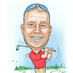 Caricature of Jason Hunt golfing with his sunglasses on his head and a red polo.