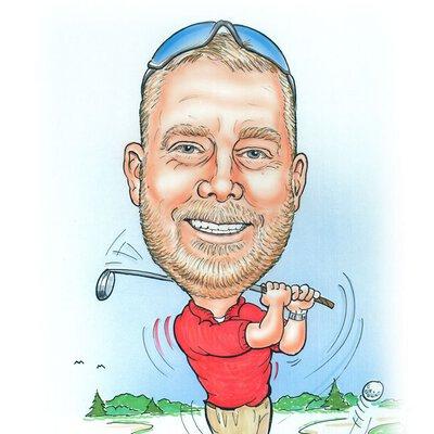Caricature of Jason Hunt golfing with his sunglasses on his head and a red polo.