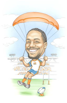 Aaron Fowler smiling while parachuting into a football stadium wearing a football uniform.