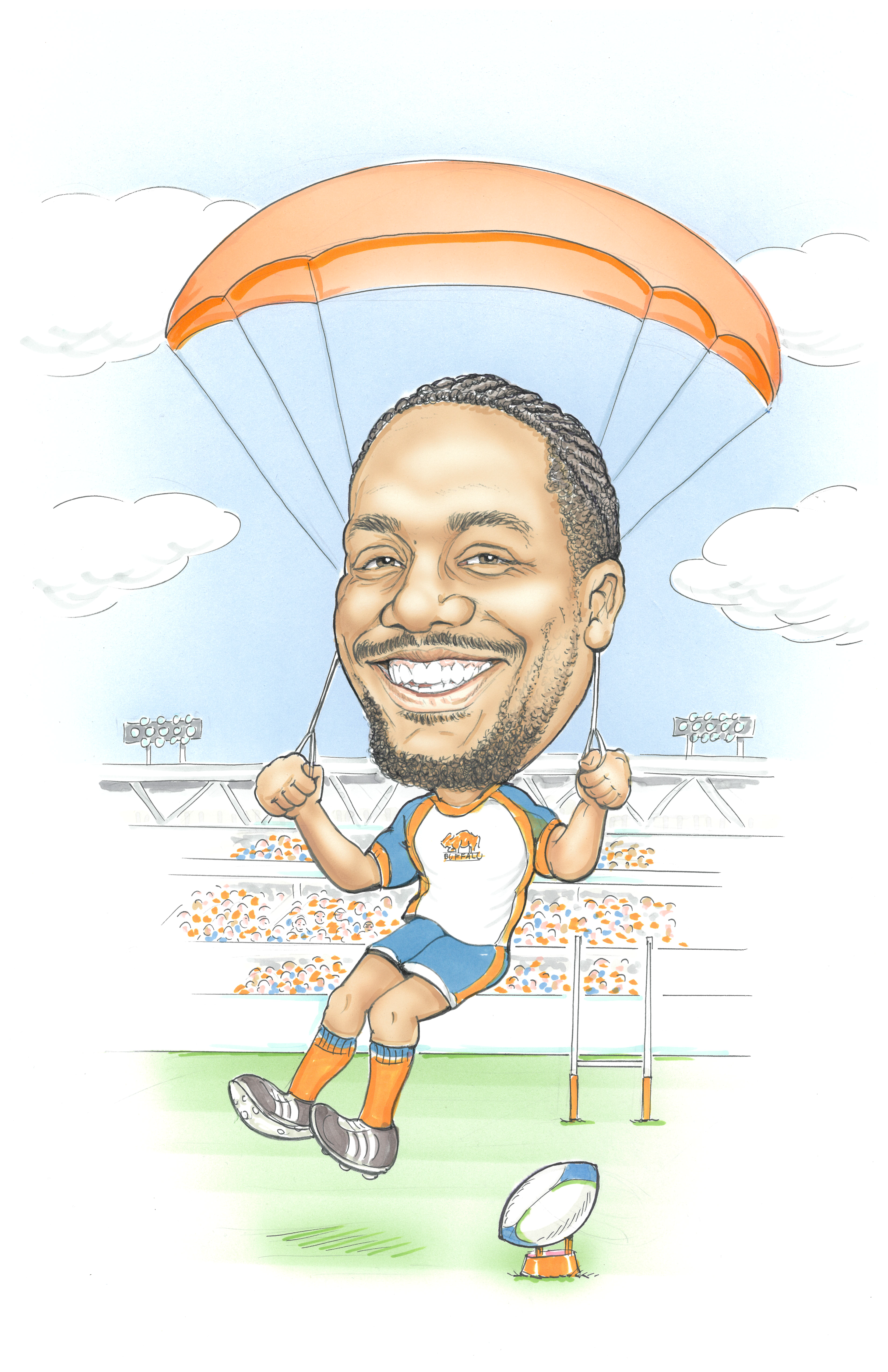Aaron Fowler smiling while parachuting into a football stadium wearing a football uniform.