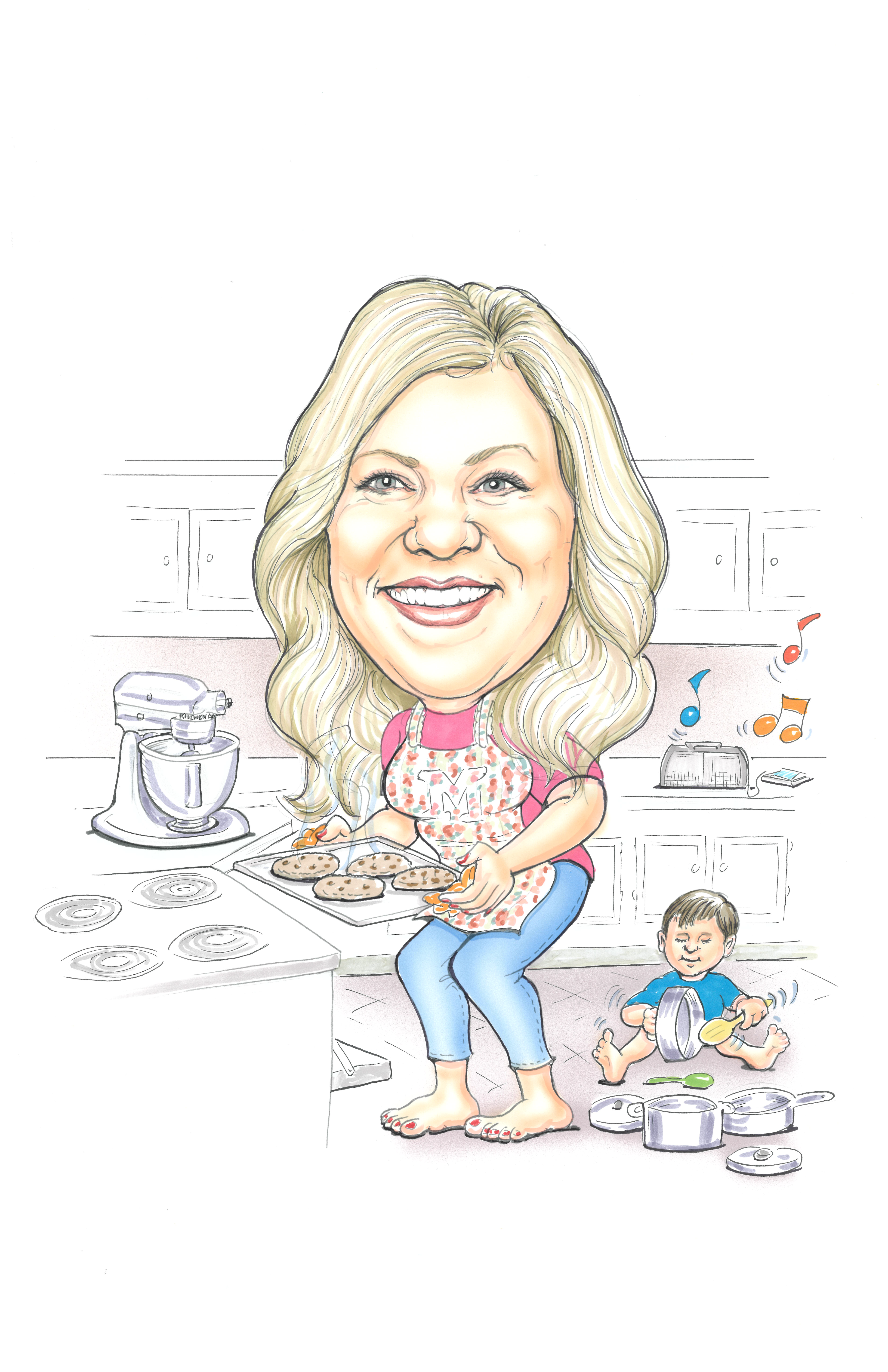 Caricature of Mindy Montfort baking in her kitchen with her toddler behind her.