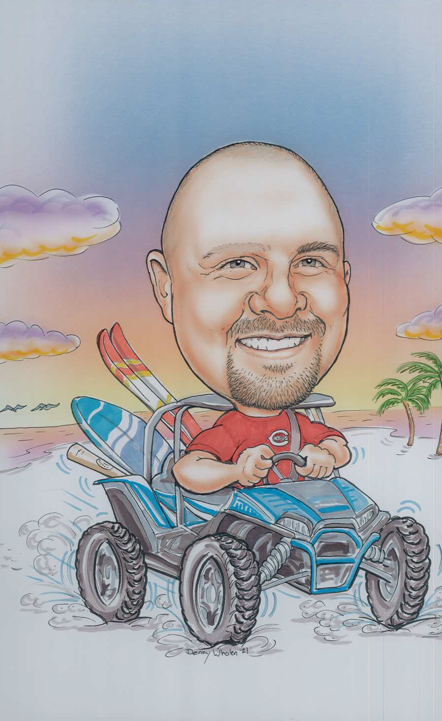 Justin Houston driving his ATV on the beach and loaded on the back of the vehicle is a pair of ski's, a surfboard and a baseball bat.