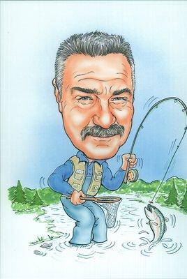 Caricature of Bill Mattli fly fishing and standing in a river, with a trout on the hook of his rod.