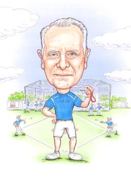 Caricature of Joe Lewis coaching a baseball team, whistle in hand and a blue shirt that reads "coach".