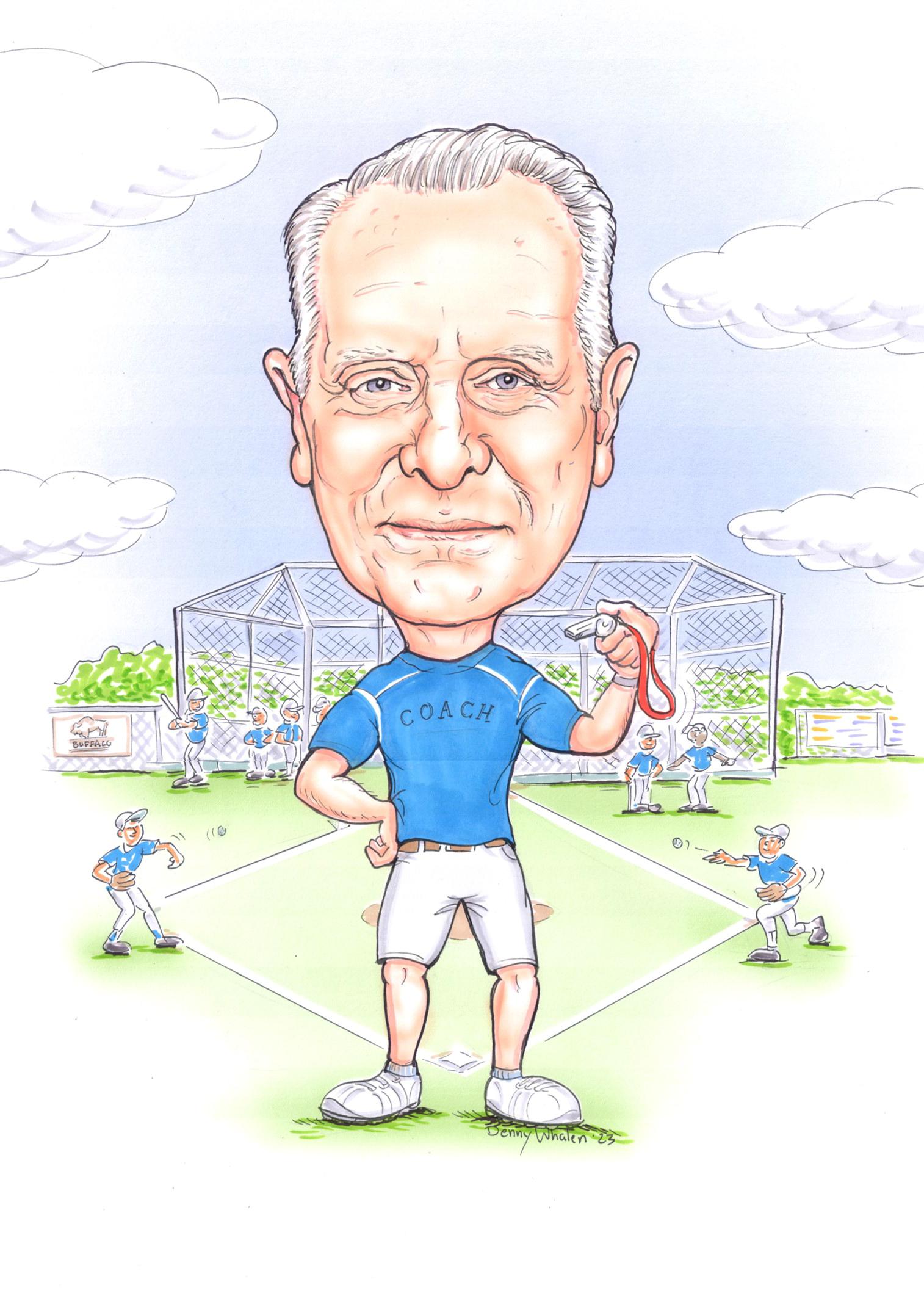 Caricature of Joe Lewis coaching a baseball team, whistle in hand and a blue shirt that reads "coach".