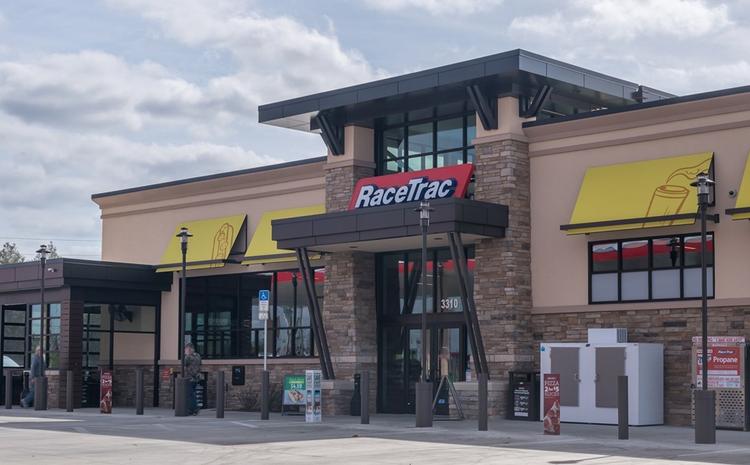 Exterior view of the front door to RaceTrac gas station.