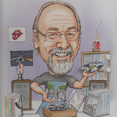 Caricature of Dan Fellows playing records on his record player with a lava lamp, many records surrounding him and wearing a beetles t-shirt.