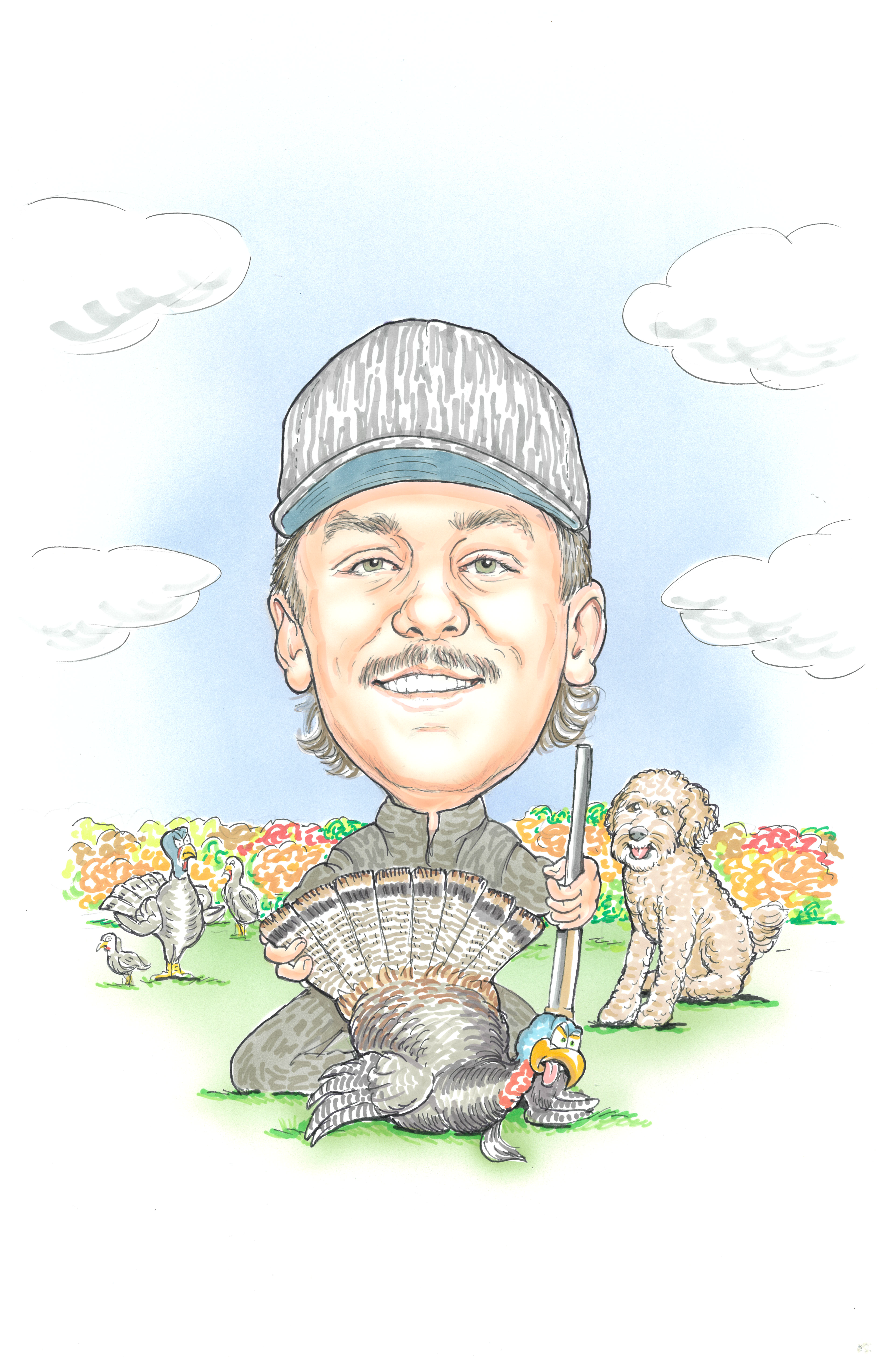 Nick Duffey kneeling outdoors holding a harvested turkey, with a dog and other turkeys in the background.