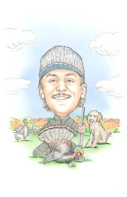 Nick Duffey kneeling outdoors holding a harvested turkey, with a dog and other turkeys in the background.