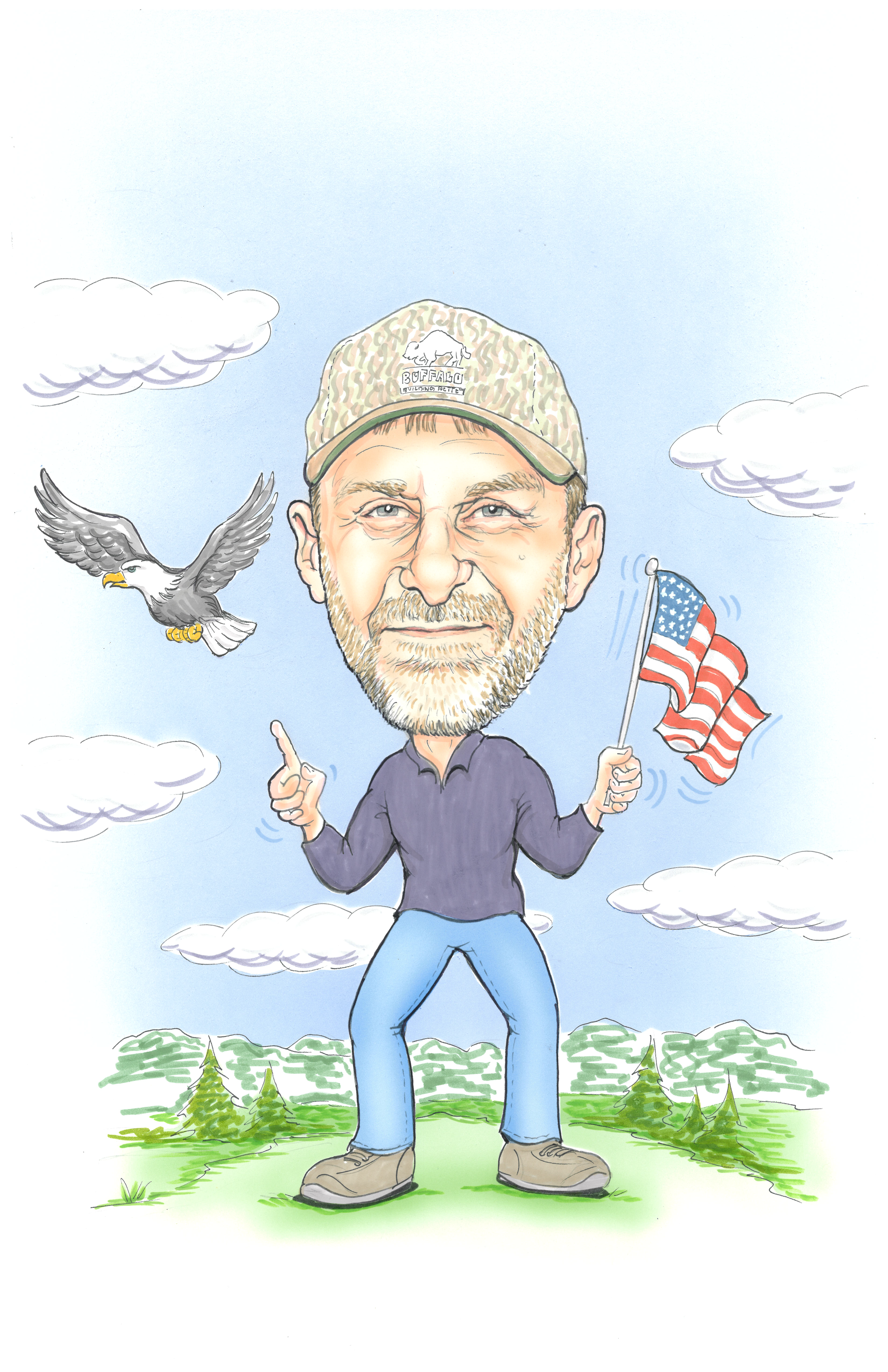 Caricature of Travis Whitley is standing with an American flag in hand while an eagle flies behind him.