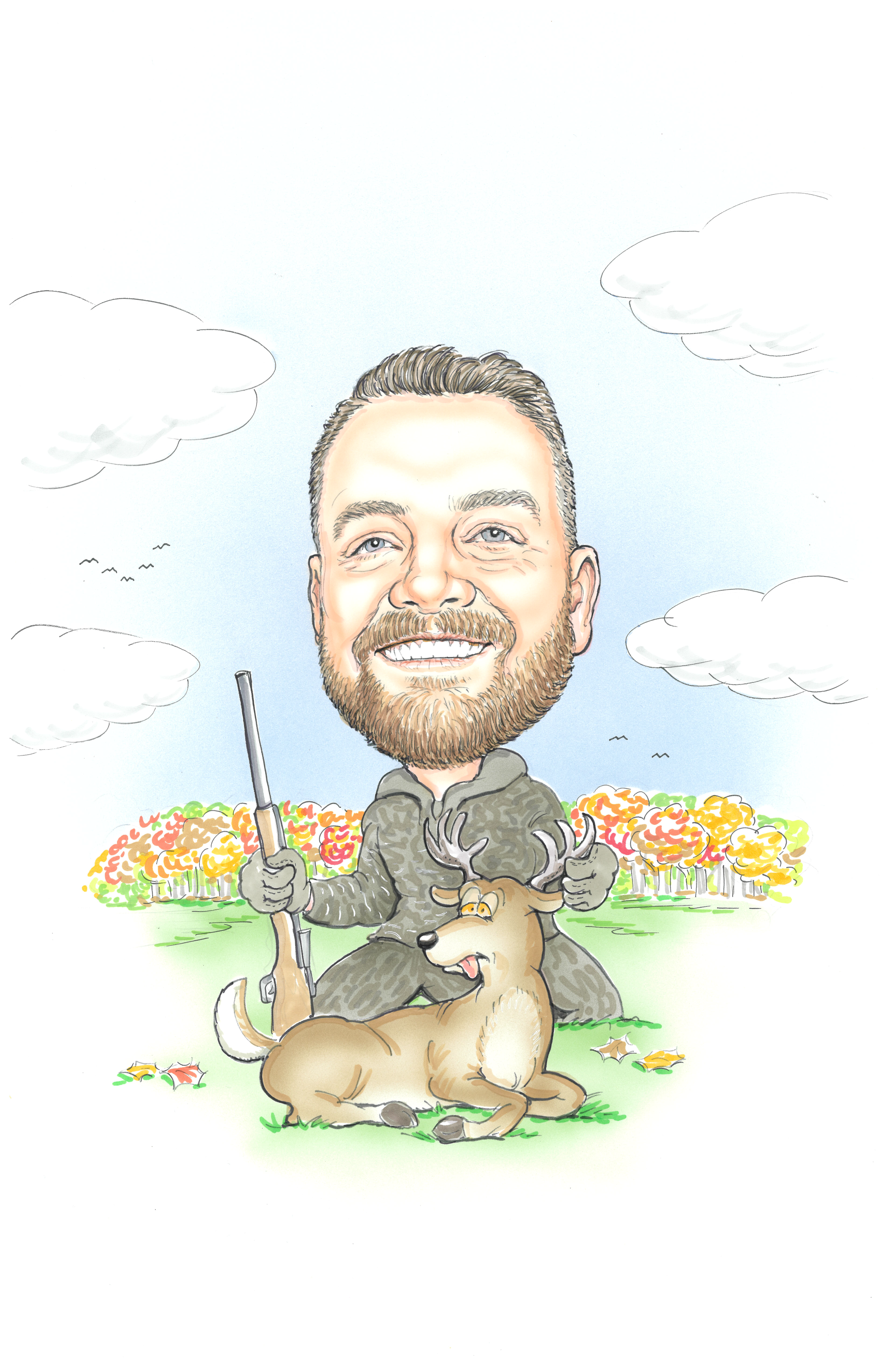 Colby Corbell hunting with a rifle, kneeling beside a deer in a field.