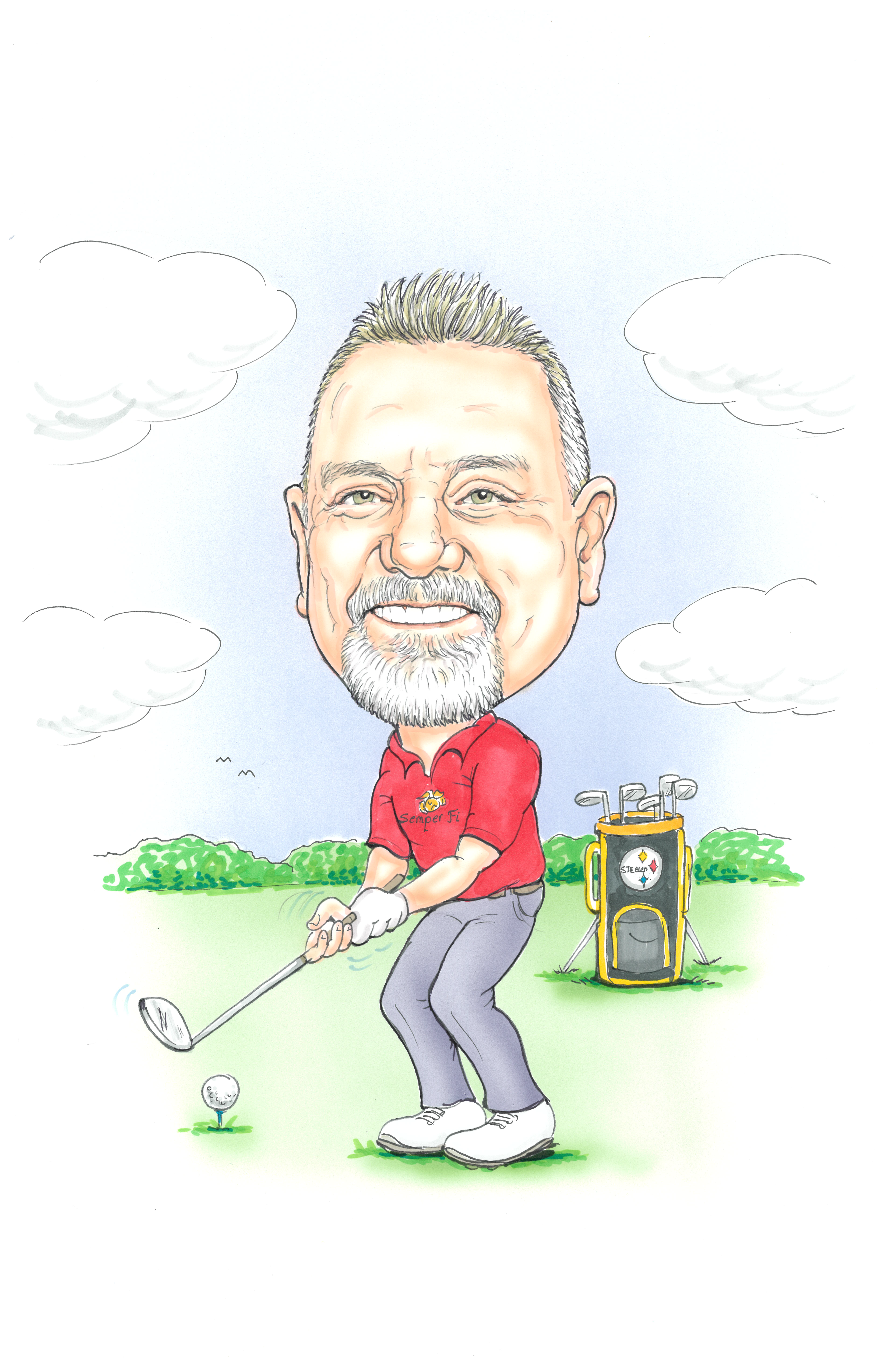 Kevin Rambo golfing on a green with a Steelers golf bag behind him.