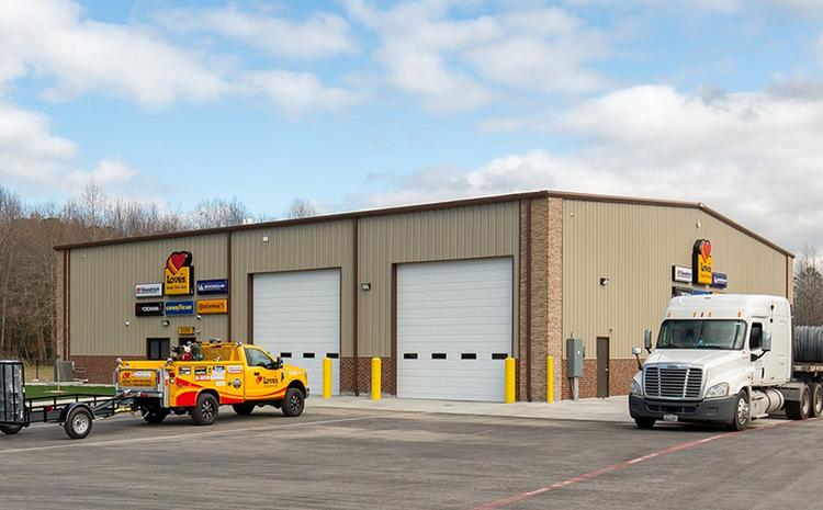 Exterior view of the service station at the Love's Travel Stop and Country Store in Prince George, VA.