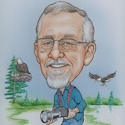 Caricature of Rick Black capturing photographs of wildlife in a forest, surrounded by bald eagles.