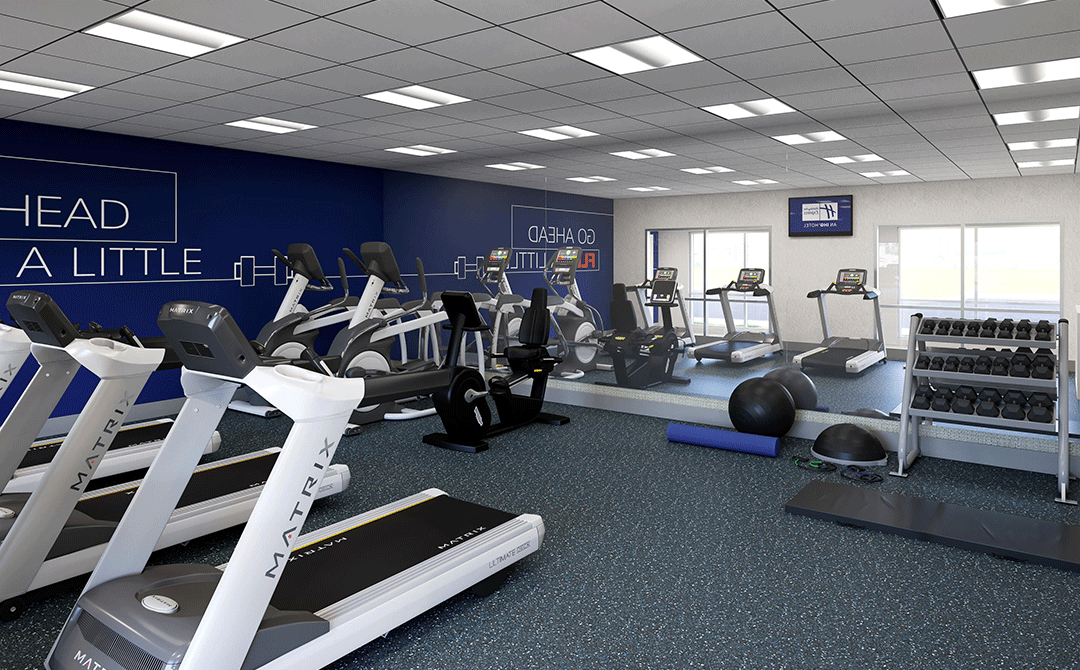 Guest gym at the Holiday Inn Express hotel in Chino Hills, CA.