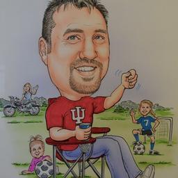 Caricature of Nathan Rariden sitting in a folding chair, wearing IU t-shirt, drink in hand, cheering on his children playing soccer while his wife is parking a motorcycle in the background.