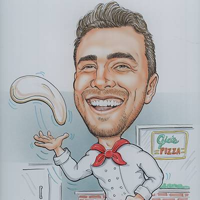 Caricature of Gio Giorcelli wearing a chefs jacket while tossing pizza dough.