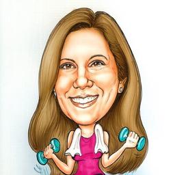 Caricature of Kristin Bowman working out and lifting weights.