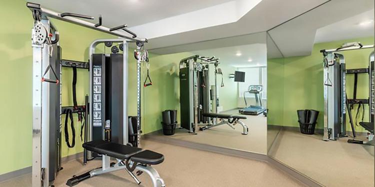 Guest gym at the WoodSpring Suites hotel in Redlands, CA.