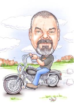 Caricature of Donnie Gossett riding his motorcycle.