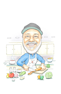 Caricature of Jason Lairson prepping a meal his the kitchen.