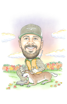 Caricature of Garrett Young with a deer and wearing hunting gear.