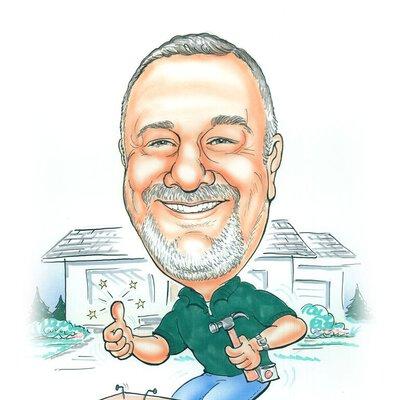 Caricature of John Hunter working on a wood working project, his thumb enlarged and red surrounded by stars.