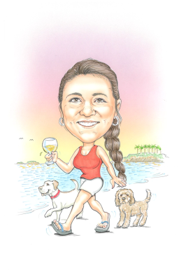 Stevye Gonzales walking along the beach holding a drink with two dogs nearby at sunset.
