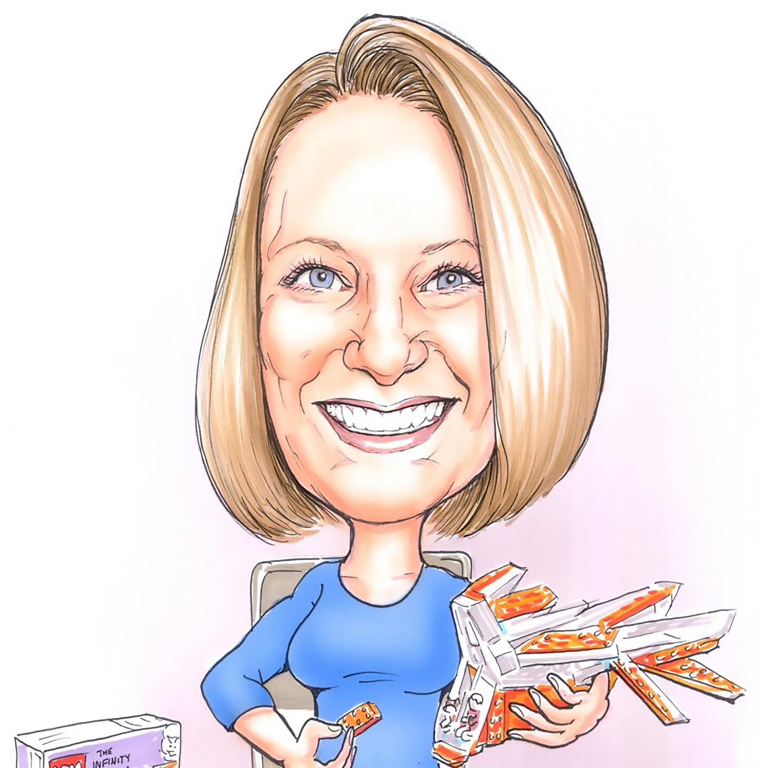 Caricature of Erin Anderson building a Star Wars lego masterpiece.