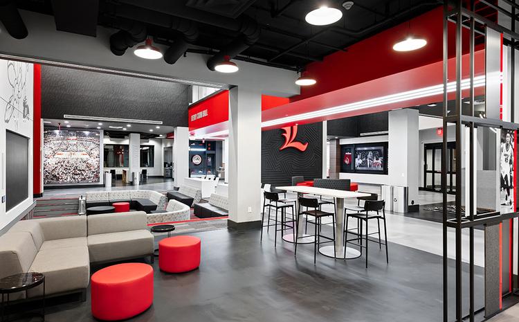 Seating area in lobby of Denny Crum Hall.