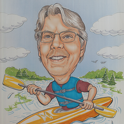 Caricature of Kenny Walsh kayaking on the river with a bright orange kayak and blue life vest.