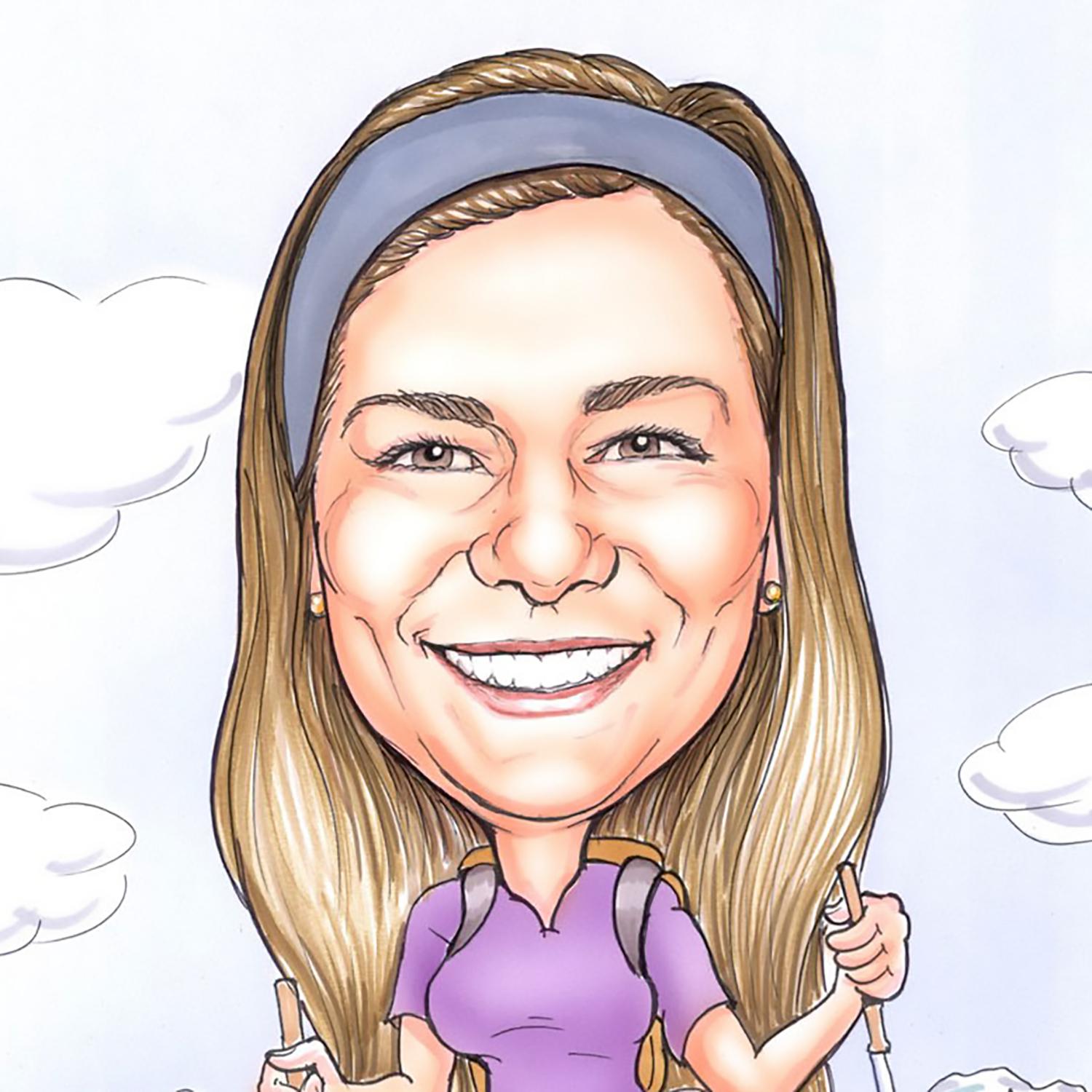 Caricature of Julia Geraci hiking in the mountains.