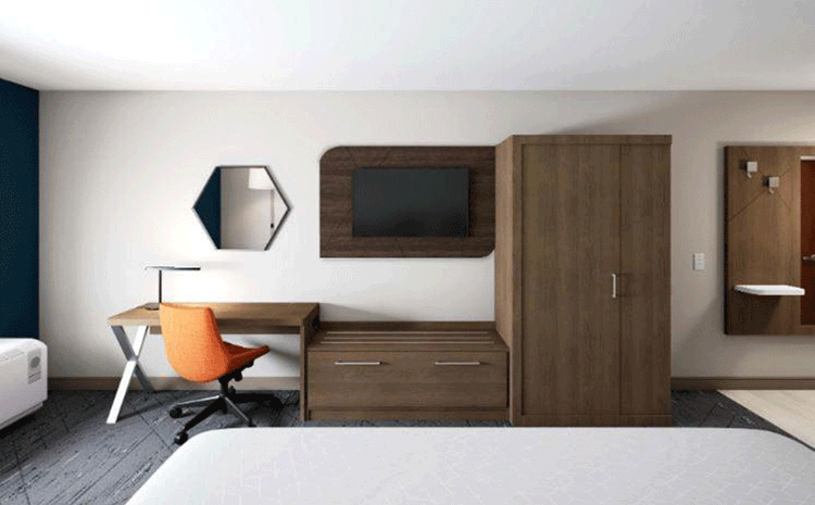 TV and desk inside guest room of the Holiday Inn Express hotel in Chino Hills, CA.