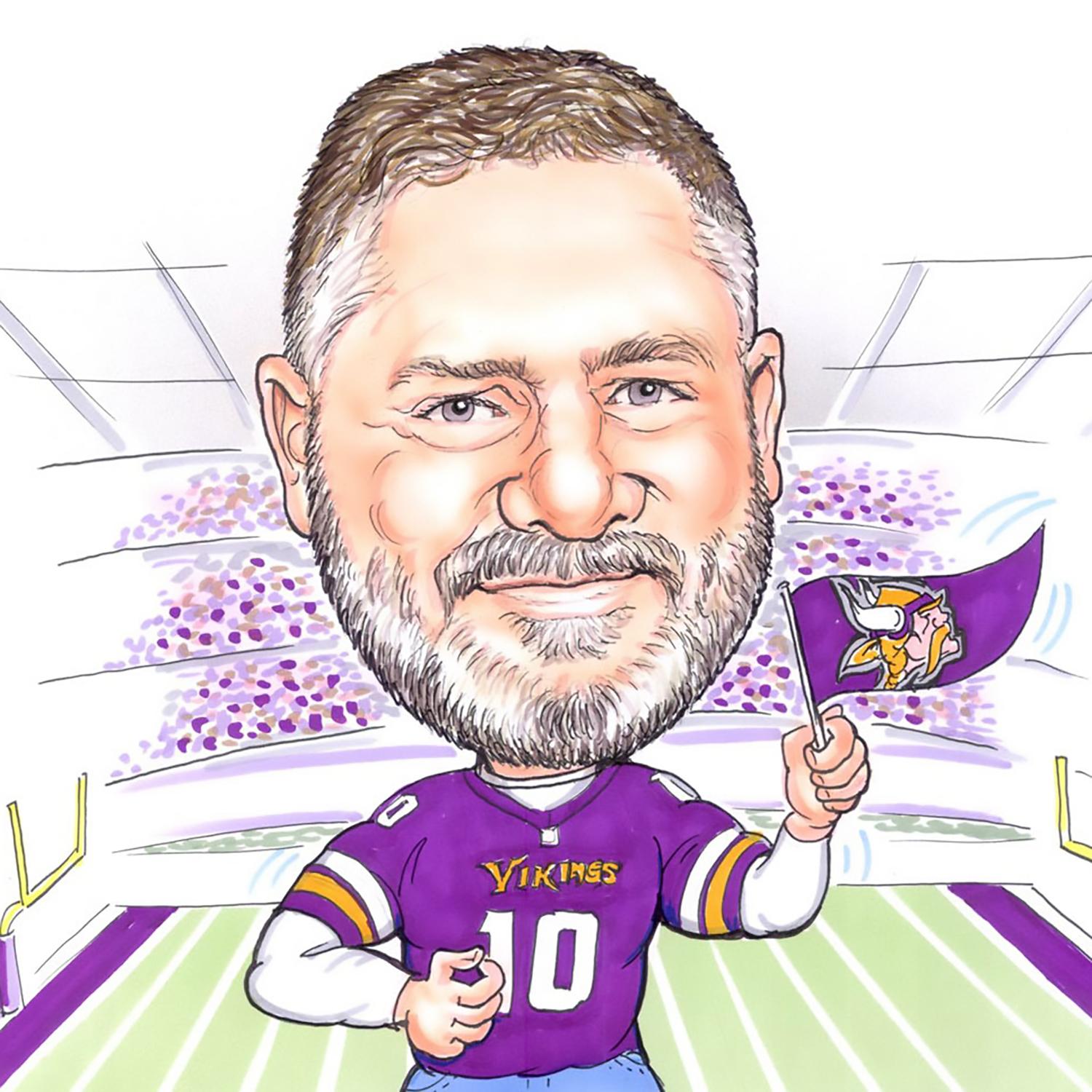 Caricature of Aaron Bixby at a Vikings football game, in the stands, wearing a number 10 jersey and waving a flag.