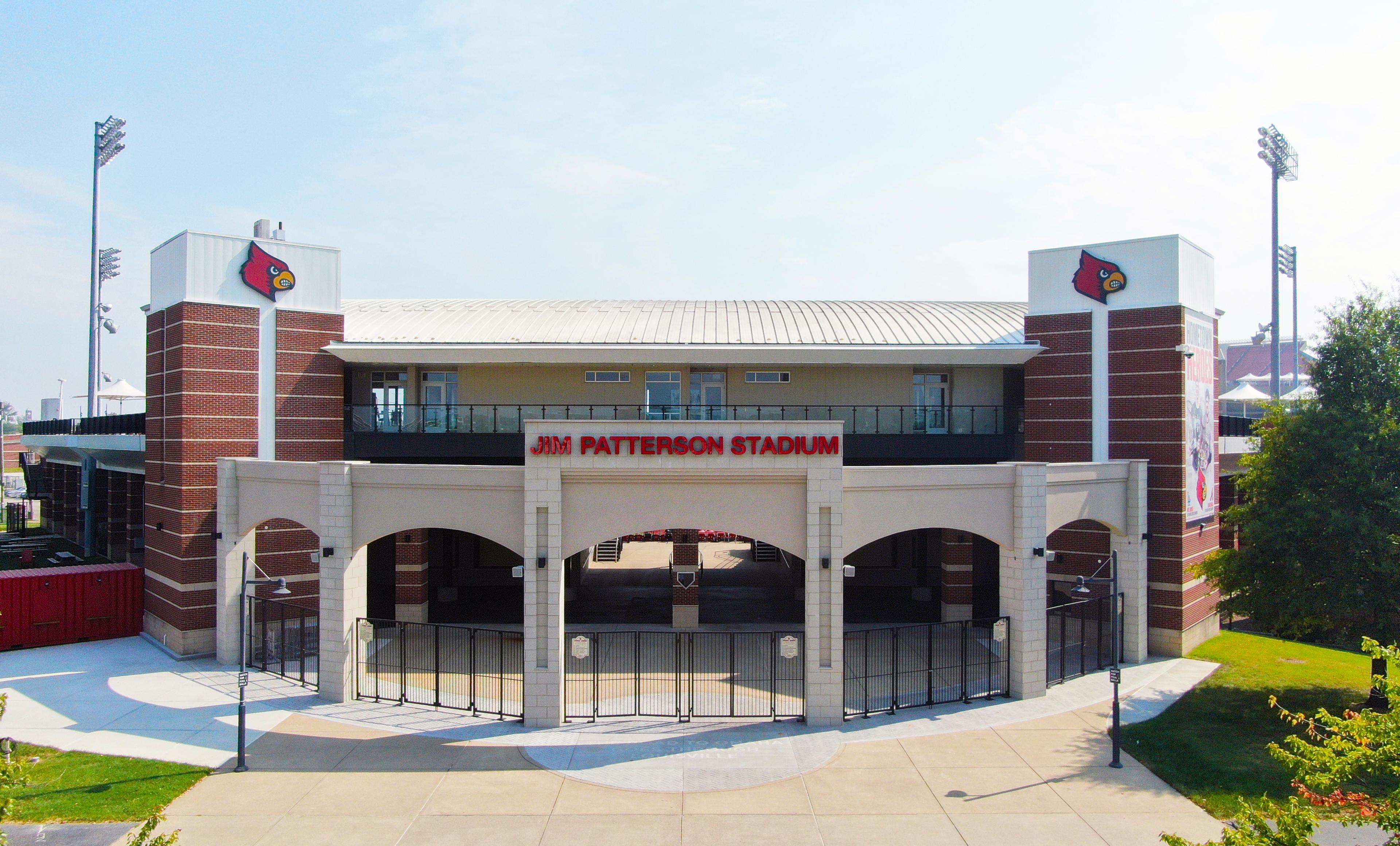 Exterior view of the entrance to Jim Patterson stadium in Louisville, KY.