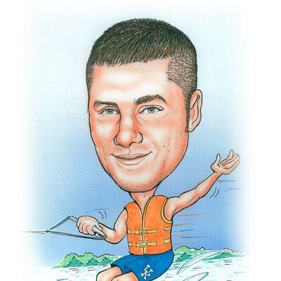 Caricature of Tim Fishburn waterskiing with a bright orange life vest and blue UK swim trunks.