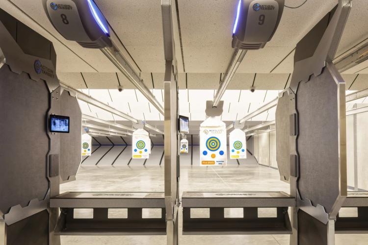 Private shooting lanes with acoustic dividers.