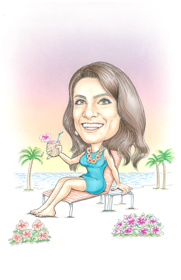 Deanna Garcia lounging by a pool holding a tropical drink with palm trees in the background.