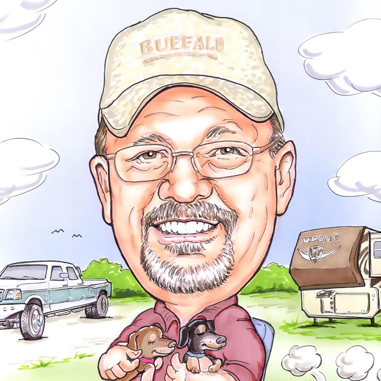 Caricature of Eric Fleming holding his two dogs while wearing a buffalo construction hat, with his truck and RV are parked behind him.