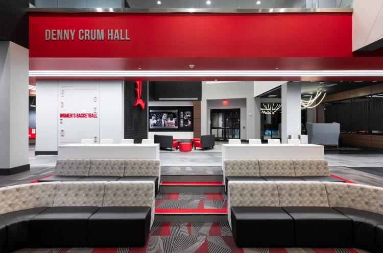 Seating area in lobby of Denny Crum Hall.
