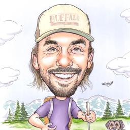 Caricature of TJ Cole hiking with his dog.