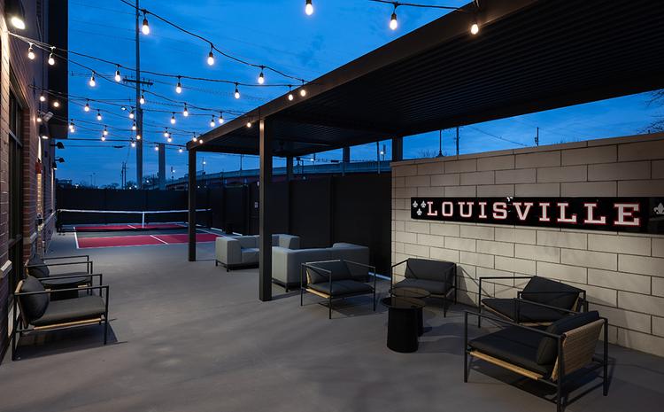 Outdoor patio area of Denny Crum Hall.