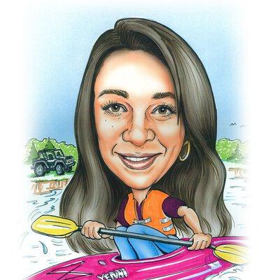 Caricature of Jennifer Pineda kayaking down a river in a hot pink kayak.