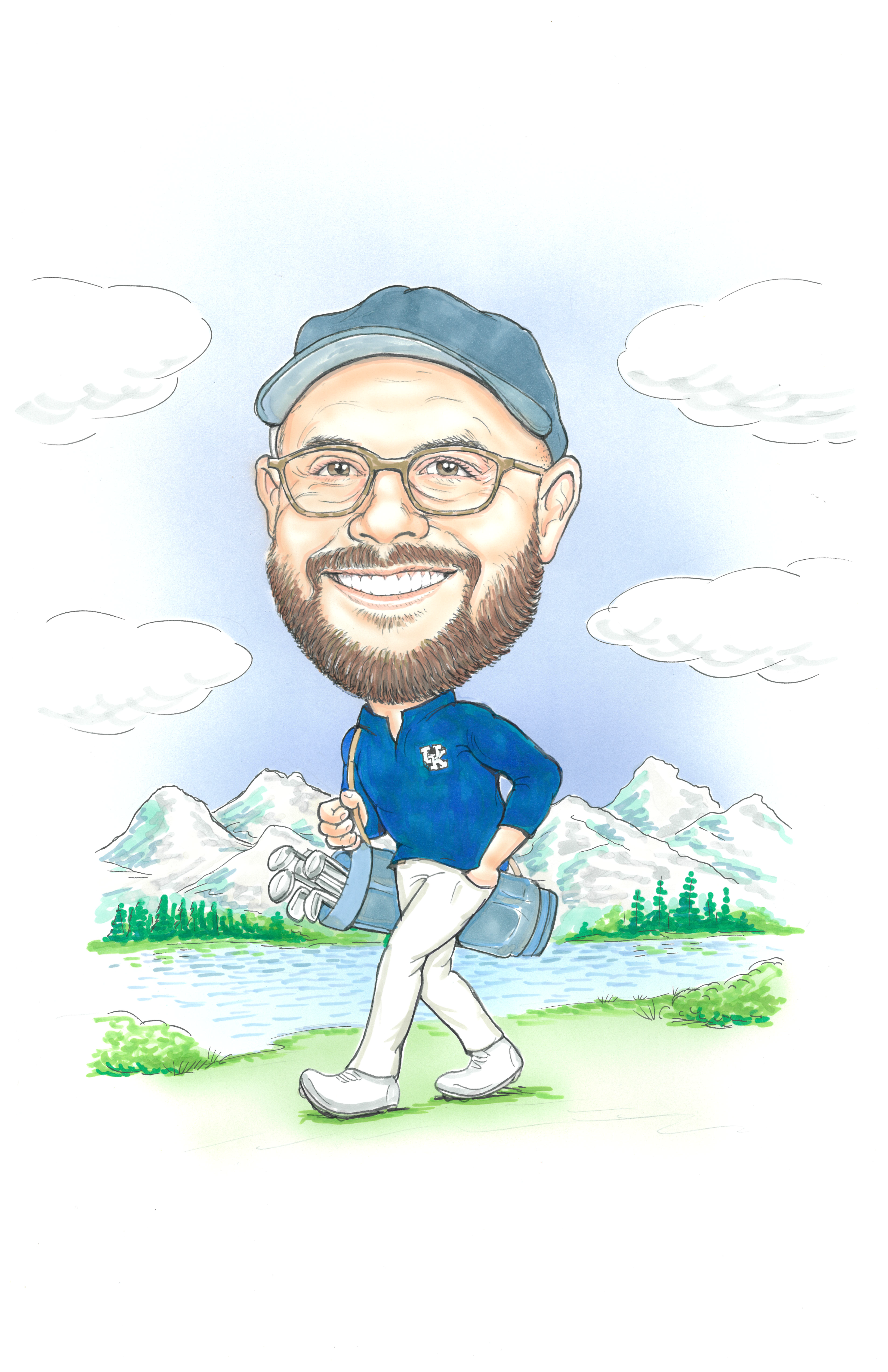 Max Kushner walking near a lake carrying a golf bag with mountains in the background.